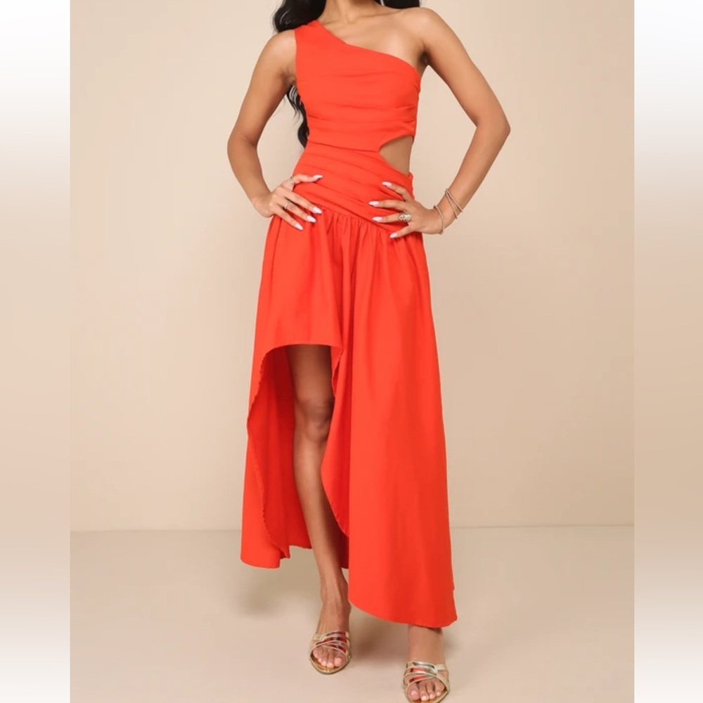 NWT Lulu's Cotton Sunny Persuasion Red Linen Cutout One-Shoulder Midi Dress XL